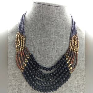 Talbots Multi Strand Glass Wooden Beaded Bohemian Style Bib Collar Necklace
